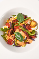 Top view of a Mediterranean salad with octopus, potatoes, tomatoes, and Kalamata olives with a spicy sauce
