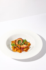 Grilled Octopus Tentacles with Potato Gratin Isolated on White Background