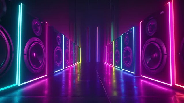 A mesmerizing shot of a row of speakers lined up on a stage each one glowing with a colorful neon light and pulsing to the infectious rhythm of the music.
