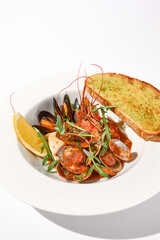 Seafood Sauté with Tomato Sauce and Ciabatta Crouton, a Delectable Medley for Seafood Lovers