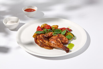 Grilled chicken tabaka with roasted vegetables and sauces on white, with shadows adding depth to the presentation