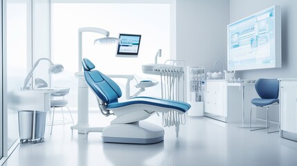 Dental equipment in dentist office in new modern stomatological clinic room. Background of dental chair and accessories used by dentists in blue, medic light. Copy space, text place