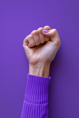 womans hand with raised fist purple background
