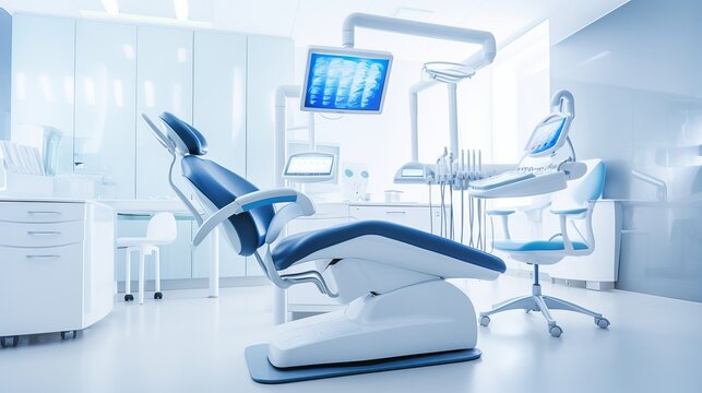 Dental equipment in dentist office in new modern stomatological clinic room. Background of dental chair and accessories used by dentists in blue, medic light. Copy space, text place