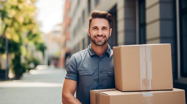 Delivery man holding pile of cardboard boxes in front with copy space