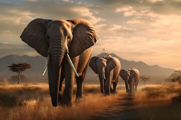 A family of elephants marching in a line through the African savannah. - obrazy, fototapety, plakaty