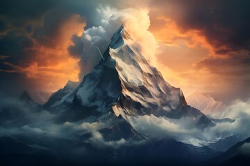 A rocky mountain peak with a dramatic cloud formation, creating a sense of awe and majesty.

