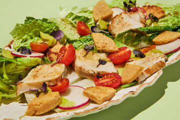 Macro close-up of a healthy Caesar or turkey suvid salad with crisp greens and crunchy croutons, highlighting the textures and freshness