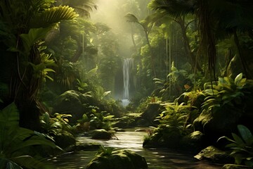 A lush tropical rainforest with sunlight filtering through dense foliage.
