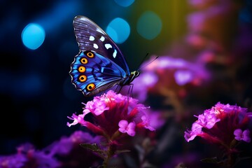 A close-up of a butterfly on a vibrant purple flower, sipping nectar with its proboscis.
