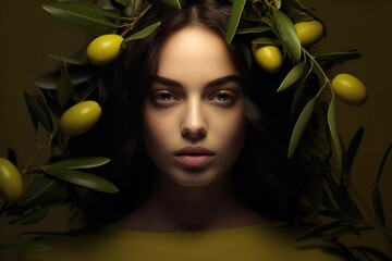 portrait of a women photographed at studio with olives and olive tree branch