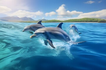 A playful group of dolphins riding the wake of a boat in crystal-clear waters.
