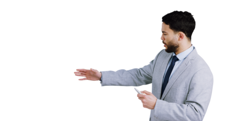 Business, presentation and man with hand pointing to isolated, transparent or png background. Training, speech and male data analyst with projector remote for financial, information or budget review