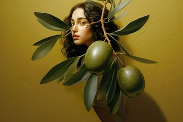 portrait of a women photographed at studio with olives and olive tree branch 