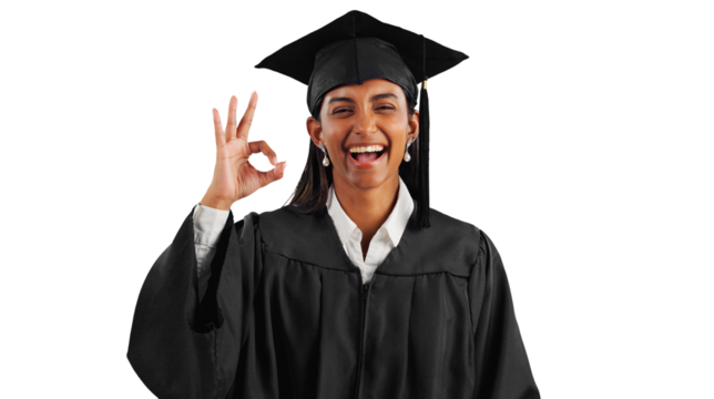 Graduation, portrait or happy woman with okay hand sign for education or learning goals. Graduate, transparent or student isolated on png background with smile or perfect gesture for approval or like