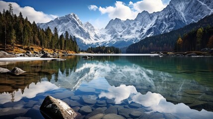 Jasna lake with beautiful reflections of the mountains. Triglav National Park, Slovenia - obrazy, fototapety, plakaty