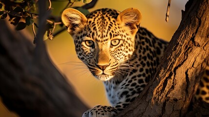 Leopard behind the tree, Panthera pardus shortidgei, nature habitat, big wild cat in the nature habitat, sunny day on the savannah, Khwai River, Moremi Botswana. Wildlife nature. Africa wildlife
