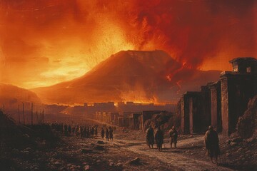 Pompeii tragedy: a haunting portrayal of the volcanic eruption's chaos, horror, and the people's plight, capturing the devastation and human tragedy in the ancient city's ruins