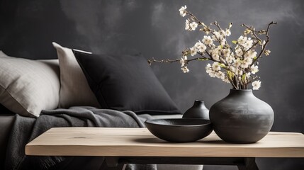 Minimalistic home decor on rustic coffee table over black sofa with cushions. Grey vases and spring flowers on wooden bench in small dark room interior. Scandinavian home style