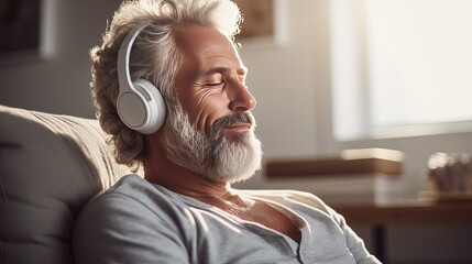 One man mature senior caucasian male using headphones for online guided meditation practicing mindfulness yoga manifestation with eyes closed at home real people self care concept copy space - obrazy, fototapety, plakaty