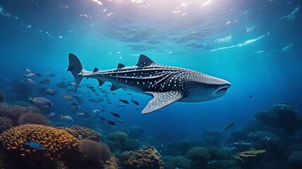 Fototapeta premium Panorama background of beautiful coral reef with marine tropical fish in central pacific that Whale shark visited
