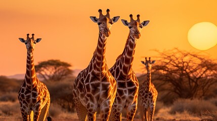 Panoramic landscape with a group of giraffes in Kalahari Desert, Namibia. Herd of giraffe pastured in savanna, wild African animals in natural habitat, safari and wilderness of the South of Africa