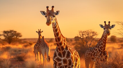 Panoramic landscape with a group of giraffes in Kalahari Desert, Namibia. Herd of giraffe pastured in savanna, wild African animals in natural habitat, safari and wilderness of the South of Africa - obrazy, fototapety, plakaty