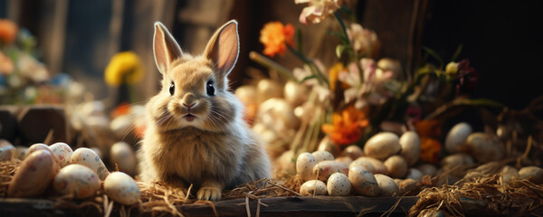 Fototapeta na wymiar Brown Bunny Sitting on a Pile of Flowers and Eggs