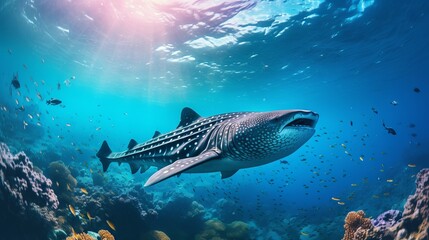 Fototapeta premium Panorama background of beautiful coral reef with marine tropical fish in central pacific that Whale shark visited