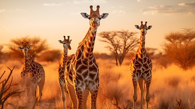 Panoramic landscape with a group of giraffes in Kalahari Desert, Namibia. Herd of giraffe pastured in savanna, wild African animals in natural habitat, safari and wilderness of the South of Africa