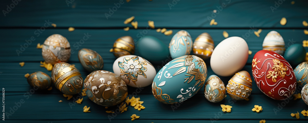 Poster Easter Eggs Decorated with Gold and Red Designs