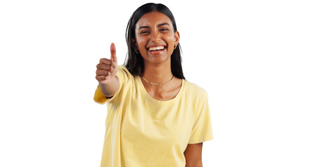 Indian woman, smile in portrait and thumbs up for agreement, support with hand gesture on png...