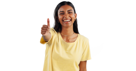 Indian woman, smile in portrait and thumbs up for agreement, support with hand gesture on png transparent. background. Like, yes and emoji with happiness, vote or opinion with thank you or praise