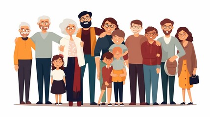 Portrait of big happy family with children, mother, father, grandfather and grandmother isolated on white background. Parents, grandparents and grandchildren. Colored flat vector illustration