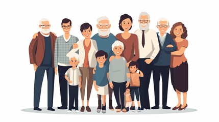Obraz premium Portrait of big happy family with children, mother, father, grandfather and grandmother isolated on white background. Parents, grandparents and grandchildren. Colored flat vector illustration