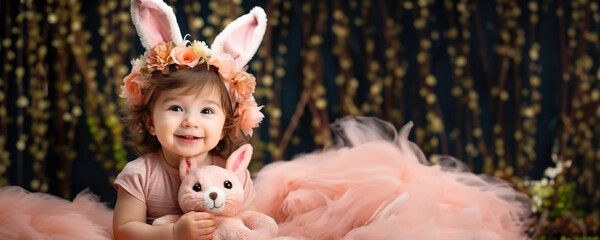 Adorable little girl with bunny ears and a floral crown poses with her stuffed animal, Fictional Character Created By Generated AI.