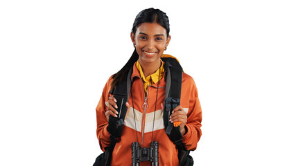 Travel, backpack and portrait of happy woman hiking on isolated, transparent or png background....