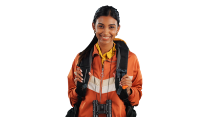 Travel, backpack and portrait of happy woman hiking on isolated, transparent or png background. Fitness, backpacking and face of Indian person on trekking adventure, vacation or exploring holiday