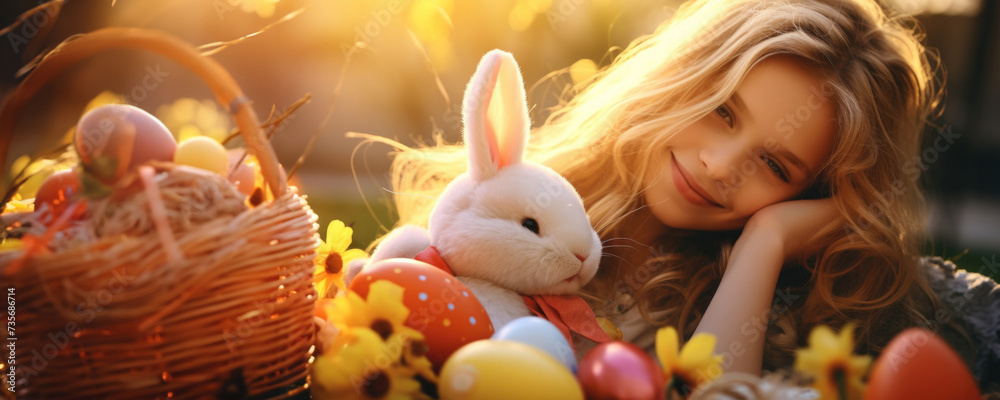 Wall mural A young girl smiling with her stuffed rabbit, Fictional Character Created By Generated AI.