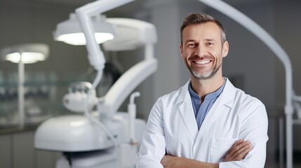 Professional young dentist posing beside modern equipment in a dental clinic