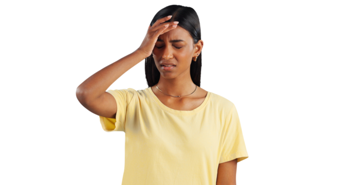 Stress, headache and Indian woman with vertigo, pain or tension os isolated, transparent or png background. Brain fog, anxiety and female person frustrated with migraine, crisis or burnout disaster