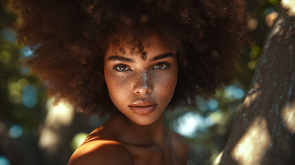 beautiful mulatto girl looking at the camera face with freckles curly hair