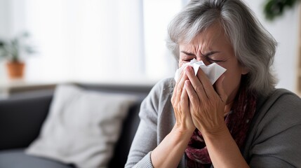 Senior beautiful woman sitting sick on sofa at home. He coughs, covers his mouth with his hand, holds his chest. Feels pain, suffers from asthma, allergies, flu, cold - obrazy, fototapety, plakaty