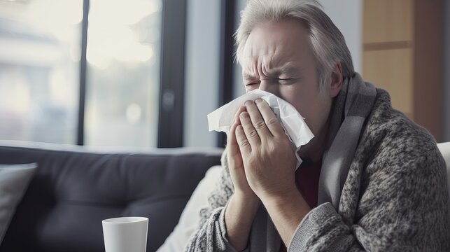 Senior man suffering from flu while sitting wrapped in a blanket on the sofa at home. Elderly Man blowing his nose while lying sick in bed at home. Man with a cold lying in sofa holding tissues
