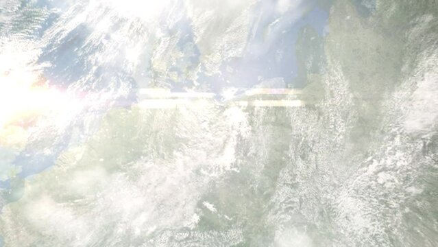 Earth zoom in from space and focus on Schwedt, Germany. 3D Animation. Satellite view. Background for travel intro. Images from NASA.