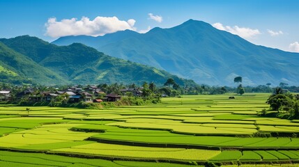 Tropical rural landscape with beautiful rice fields and mountains