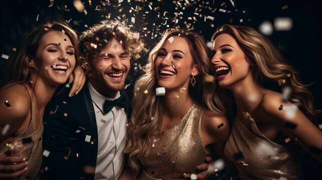 Two beautiful young couples having fun at New Year's Eve Party