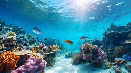 Underwater view of the coral reef. Ecosystem. Life in tropical waters