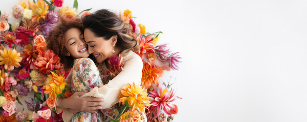 Naklejka na ściany i meble A mother and daughter hugging each other surrounded by flowers, Fictional Character Created By Generated AI.