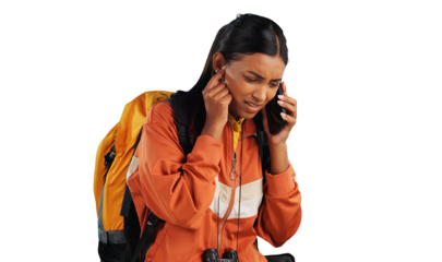 Woman, hiking and phone call or problem conversation or camp directions or lost, trekking or mistake. Female person, cellphone signal and isolated transparent png background, reception or connection